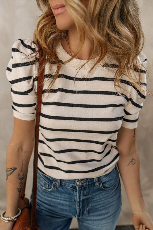 Stripe Ruched Bubble Sleeve Top