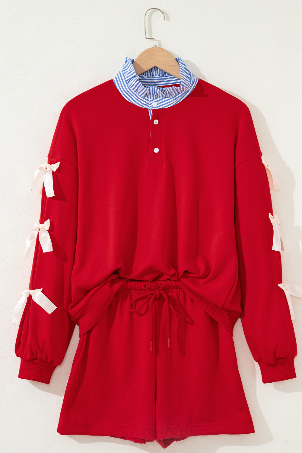Stripe Collar Patchwork Bow Sweatshirt and Shorts Set
