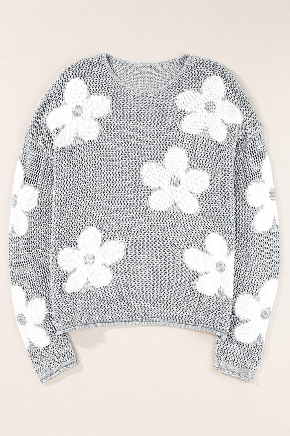 Floral Hollowed Knit Drop Shoulder Pullover Sweater