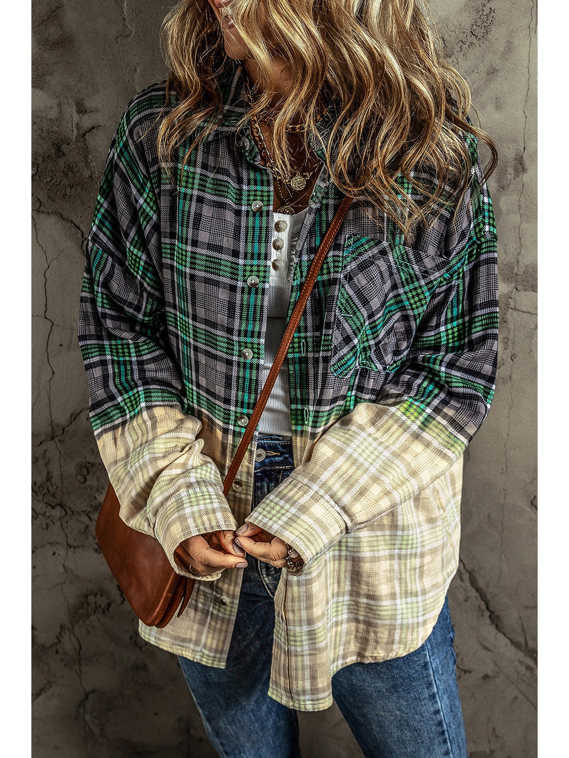 Women NicholesGifts Women Contrast Plaid Button Up Long Sleeve Shacket