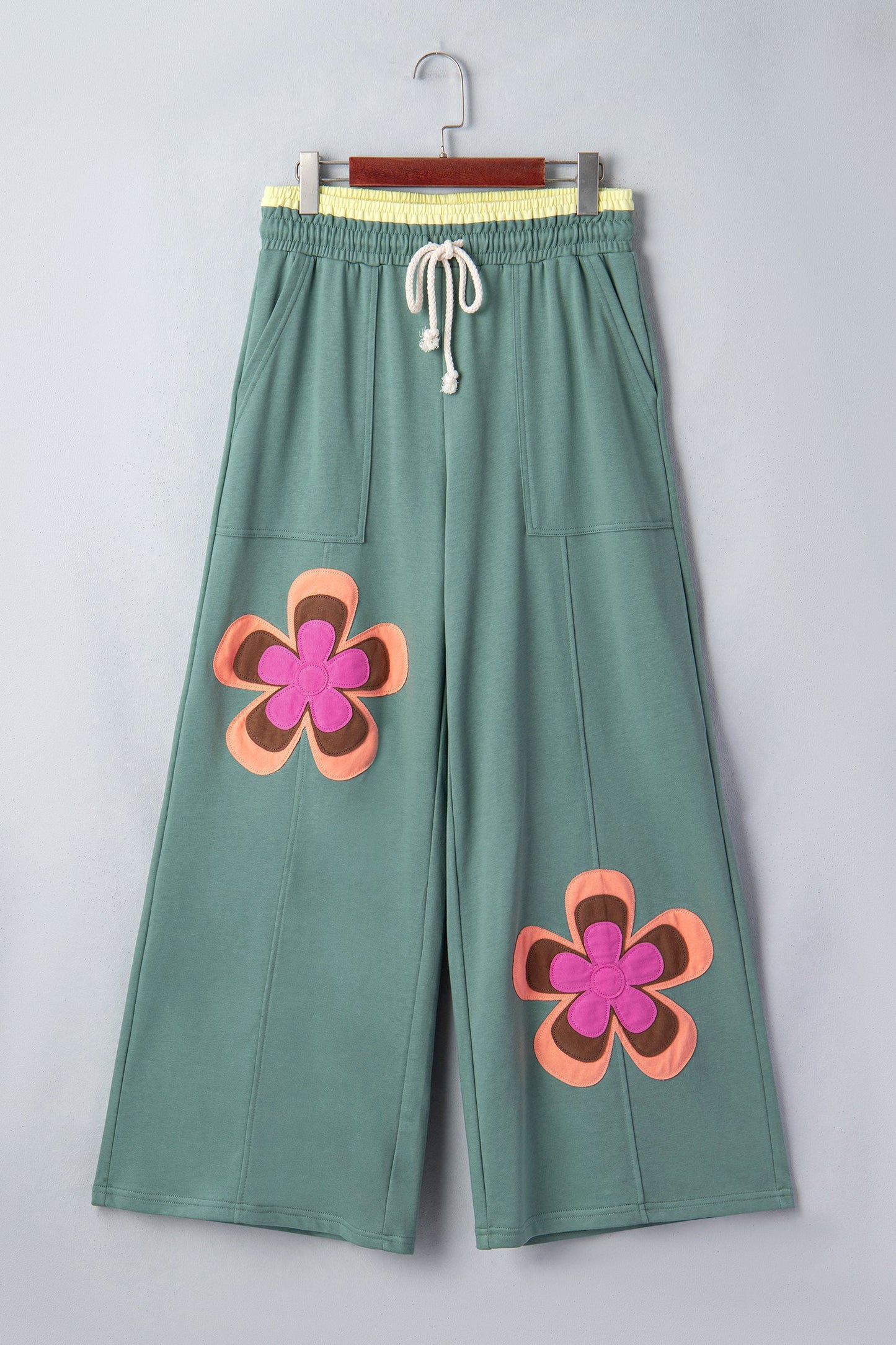 Colorblock Flower Patchwork Drawstring Wide Leg Pants