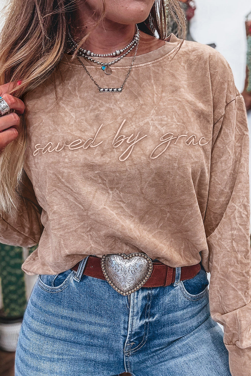 SAVED BY GRACE Embroidered Mineral Wash Sweatshirt