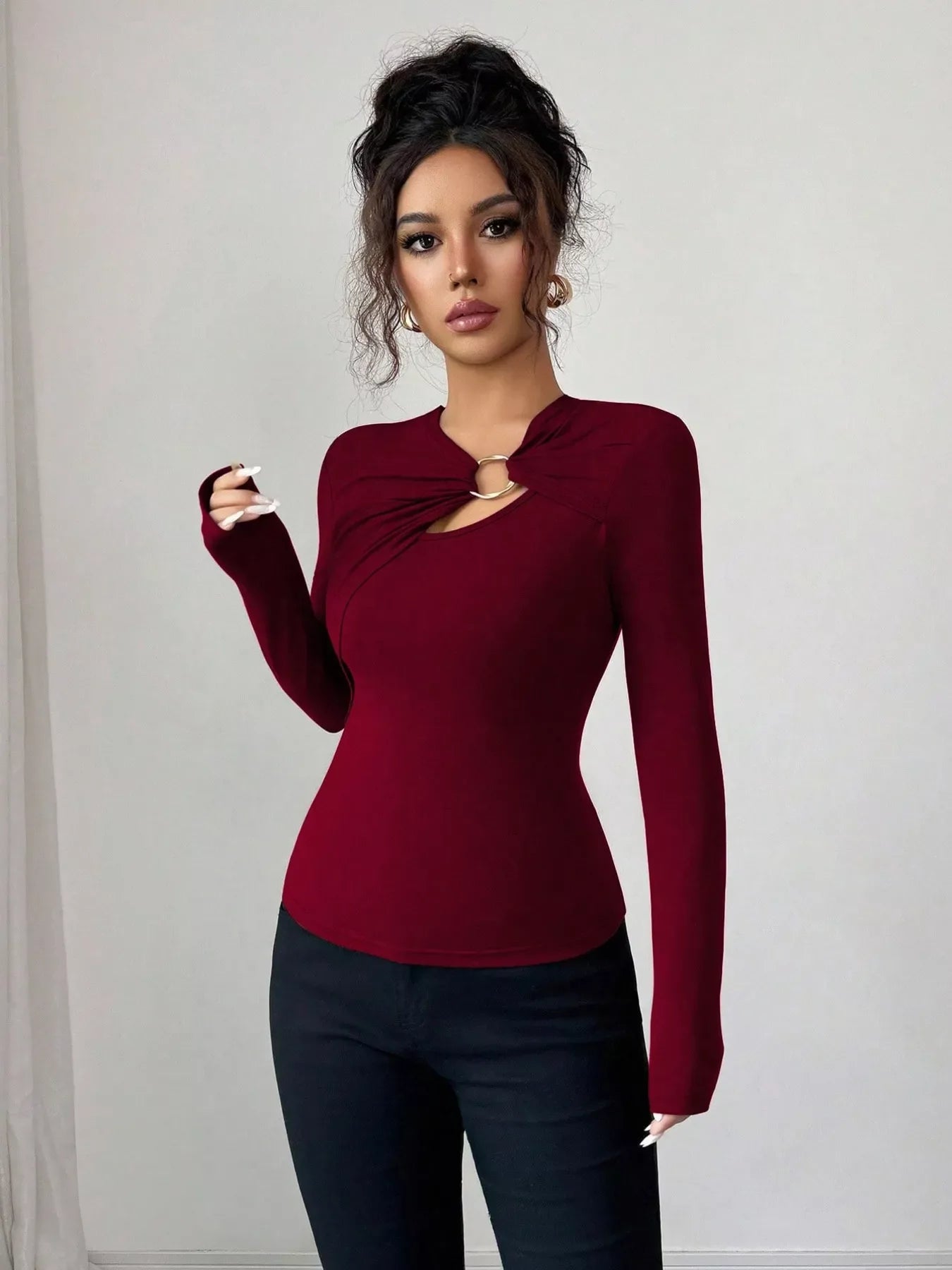 Twist Front Ring Detail Long Sleeve T-Shirt
