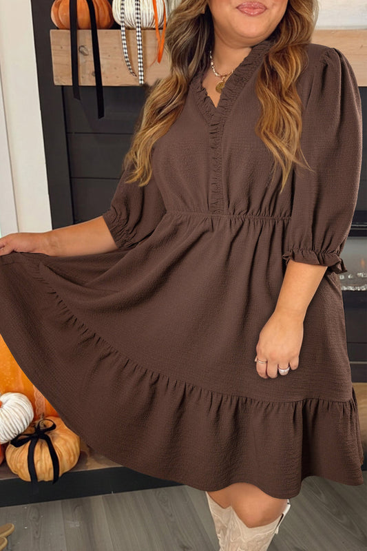 Plus Size Frilled Trim V-Neck Puff Sleeve Textured Dress