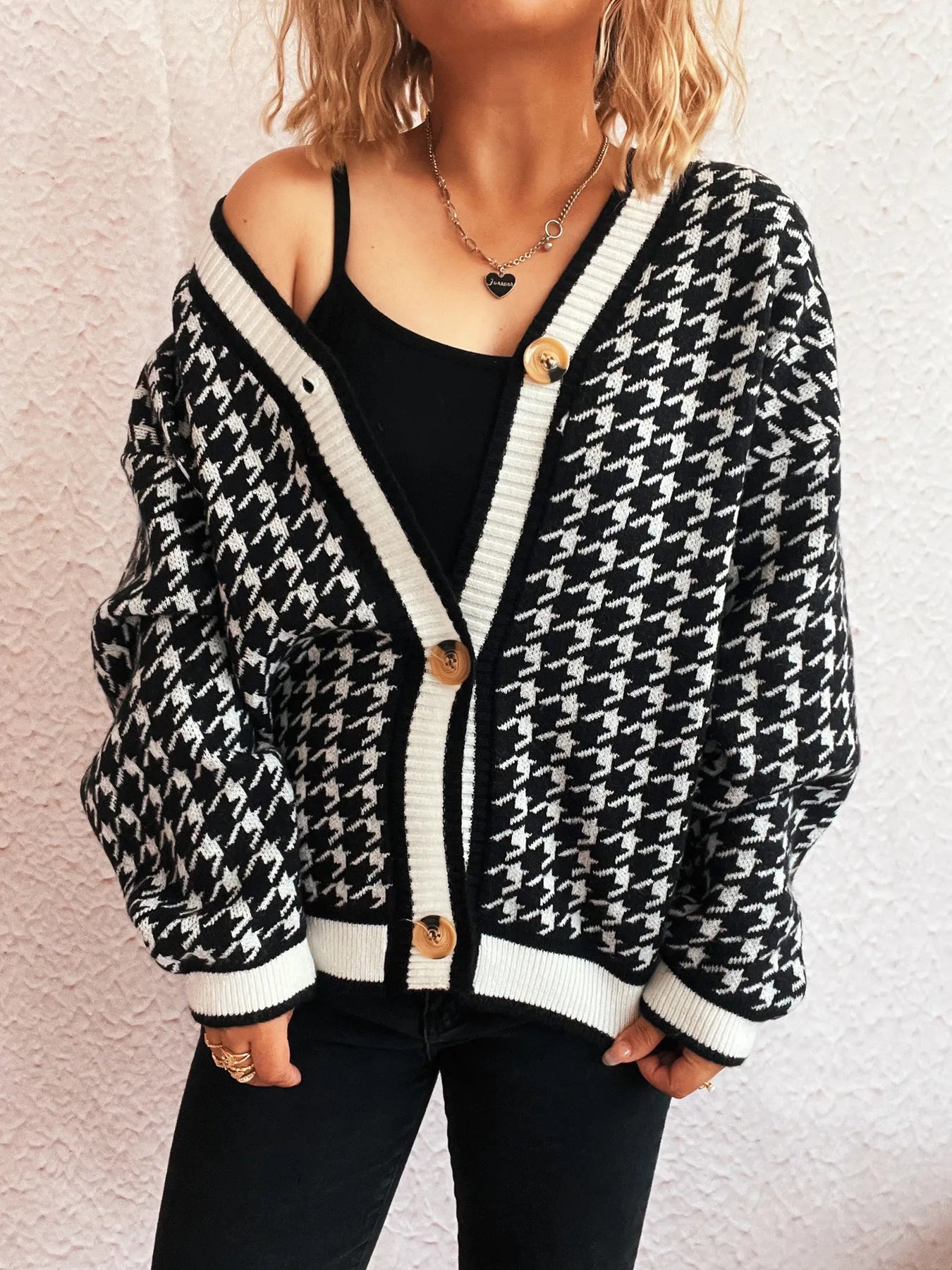 Women Houndstooth Pattern V-Neck Button-Up Cardigan Sweater