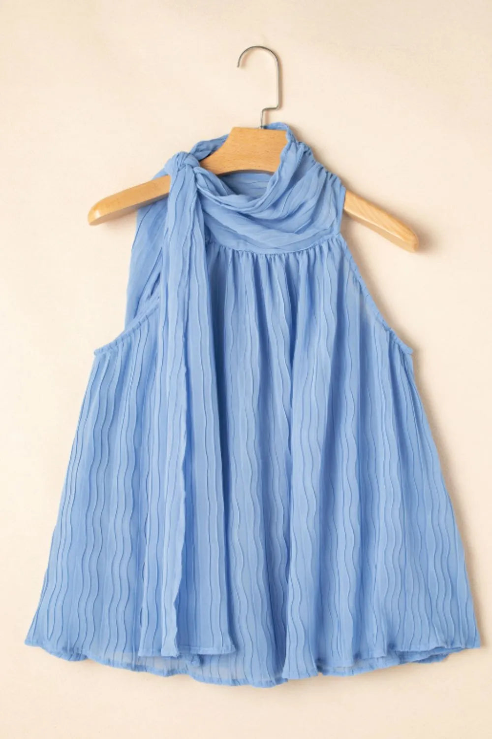 Textured Pleated Tied Mock Neck Flowy Tank Top