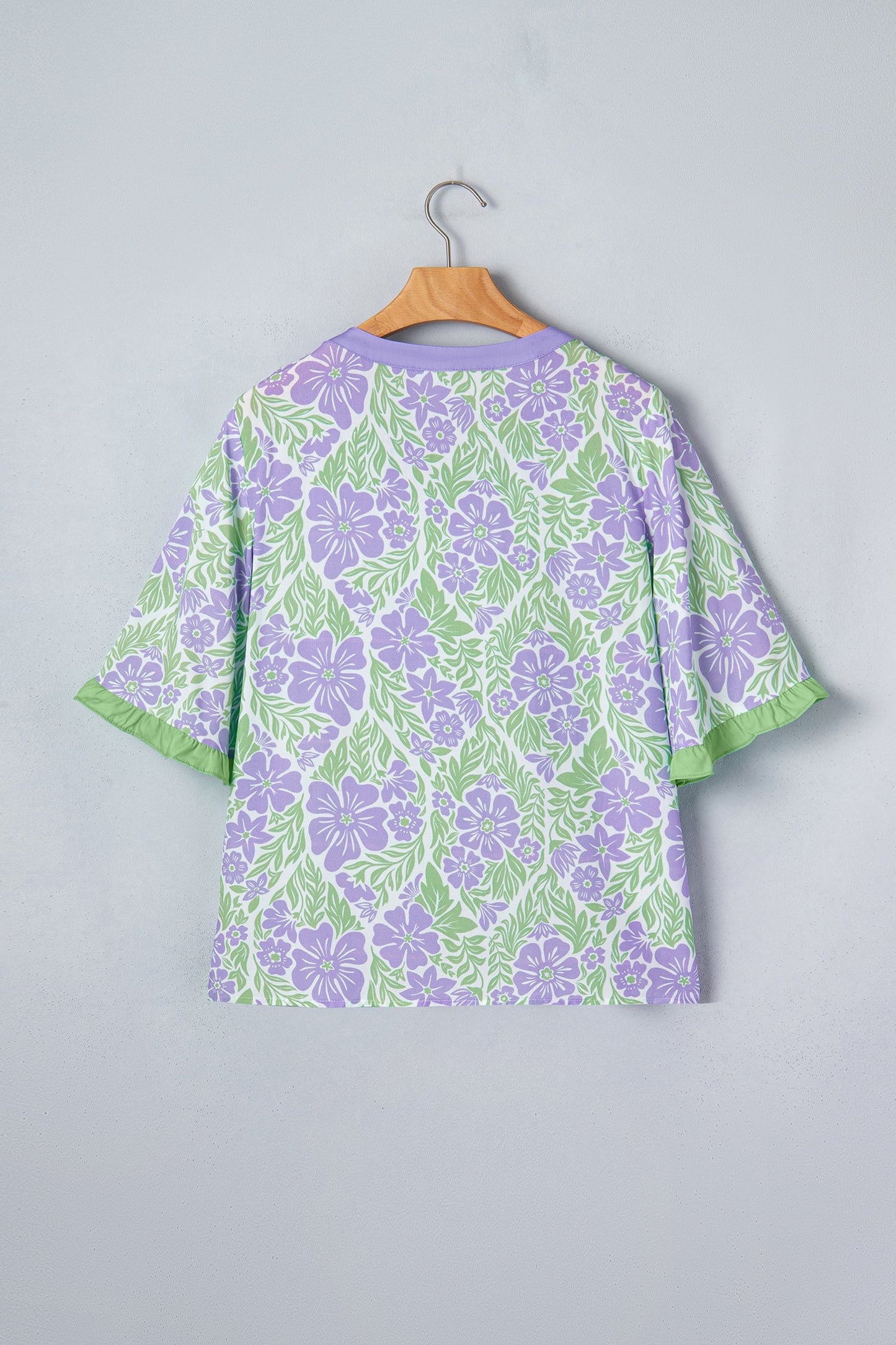 Floral Ruffle Colorblock Trim 3/4 Sleeve Blouse