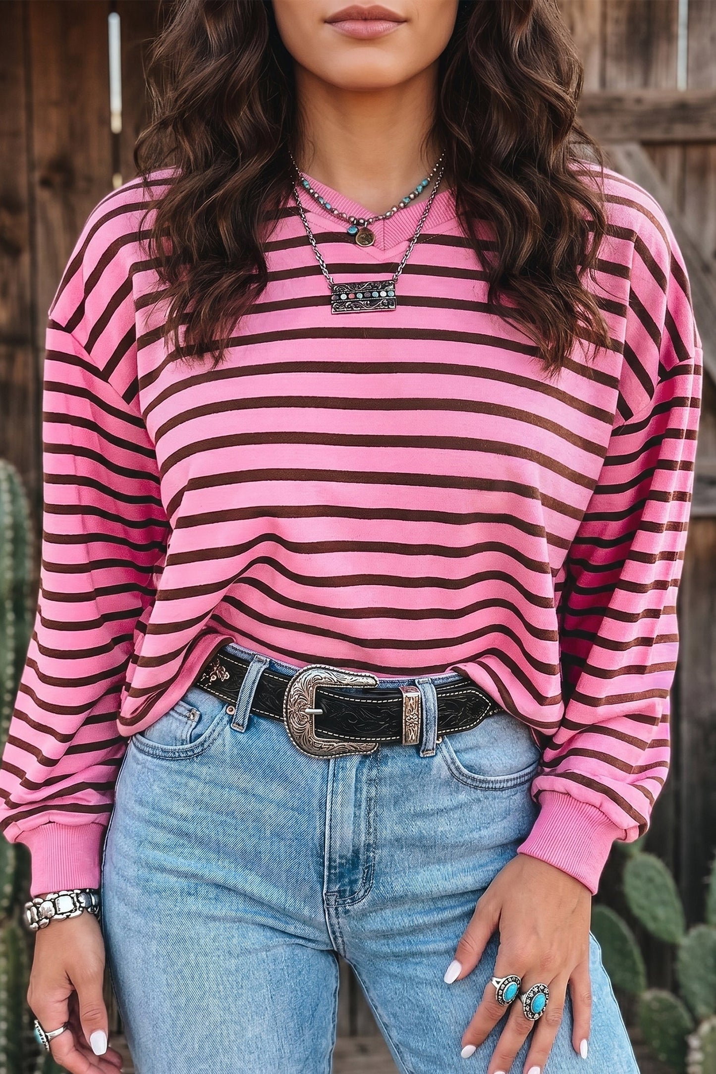 Stripe V-Neck Drop Shoulder Long Sleeve Top