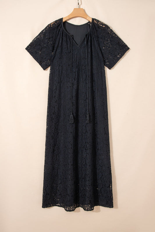 Lace Overlay Tassel Tie Short Sleeve Maxi Dress