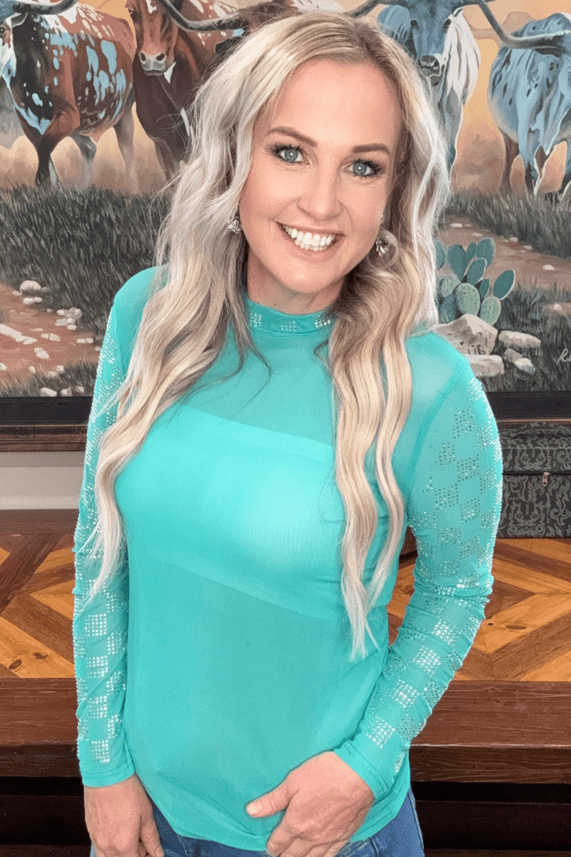 Checked In Turquoise Mesh Top - small and large remain