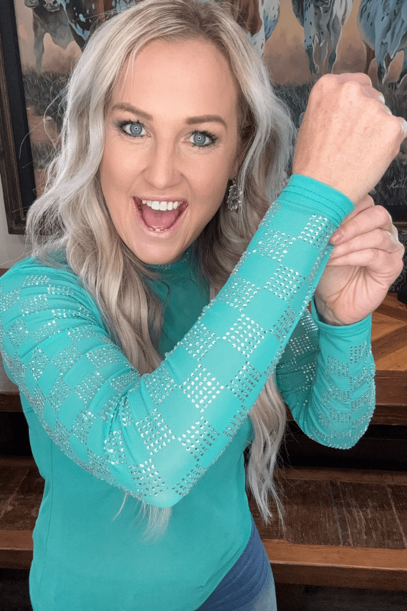 Checked In Turquoise Mesh Top - small and large remain