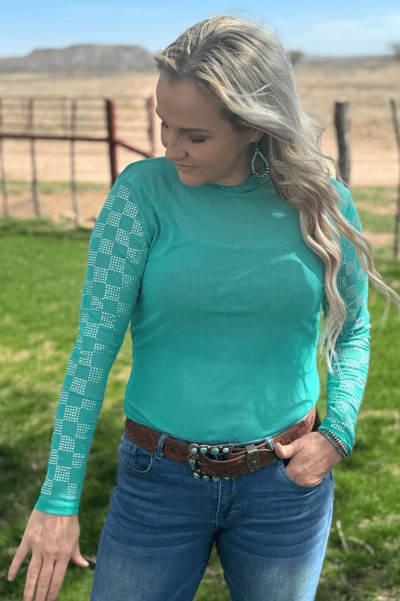 Checked In Turquoise Mesh Top - small and large remain