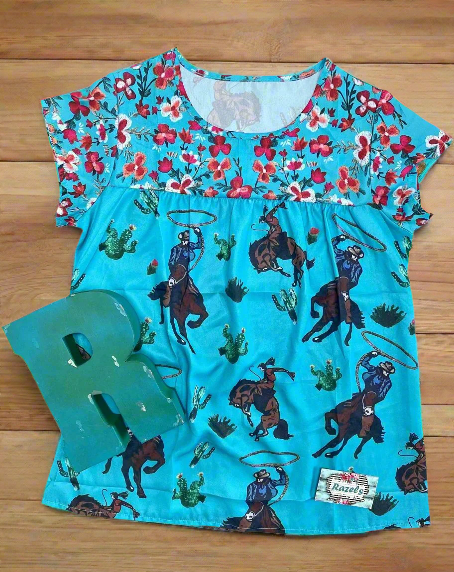 Cowgirl Blouse – Western Woman Turquoise and Floral Top