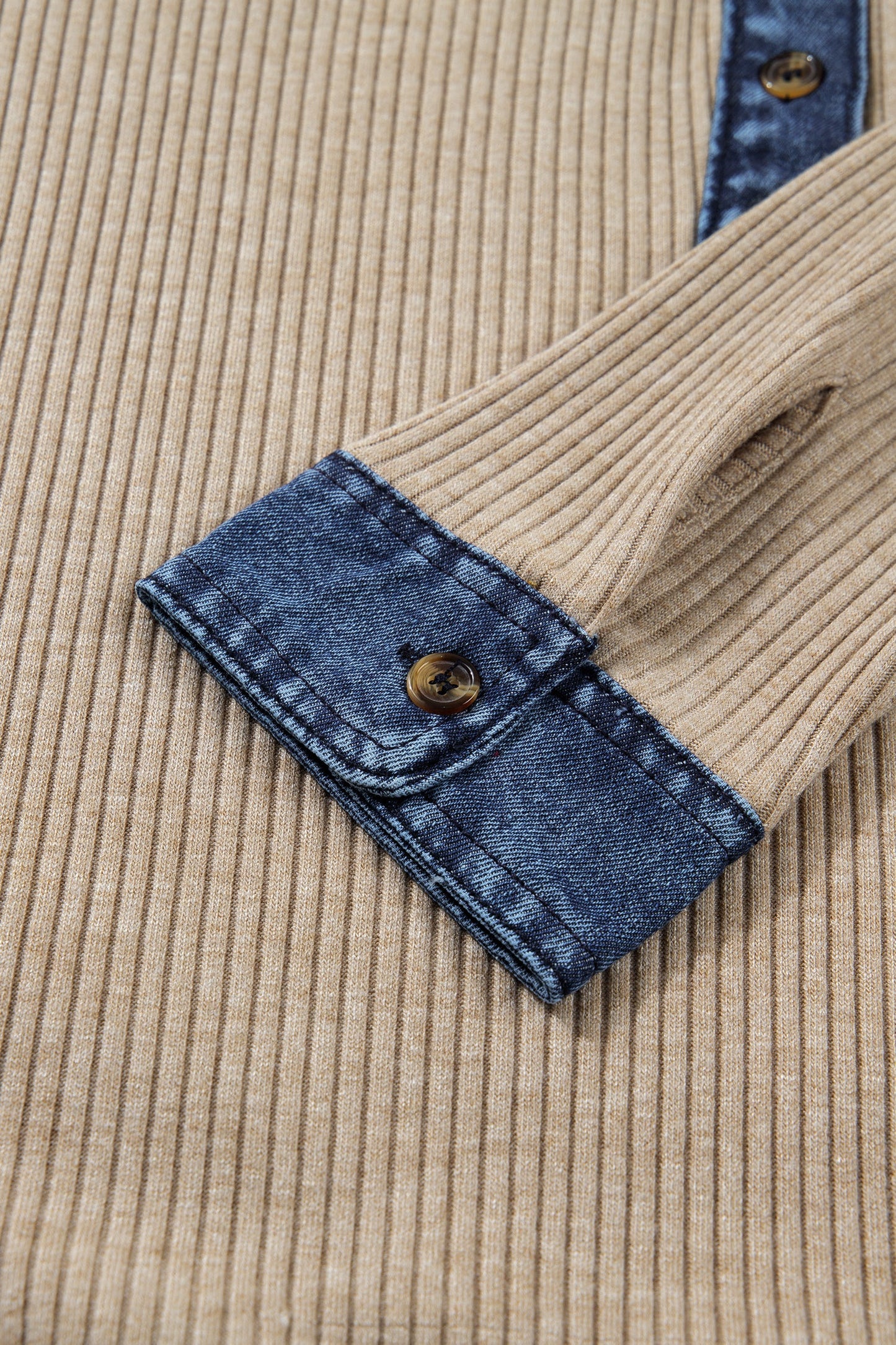 Denim Patchwork Ribbed Knit Polo Collar Top