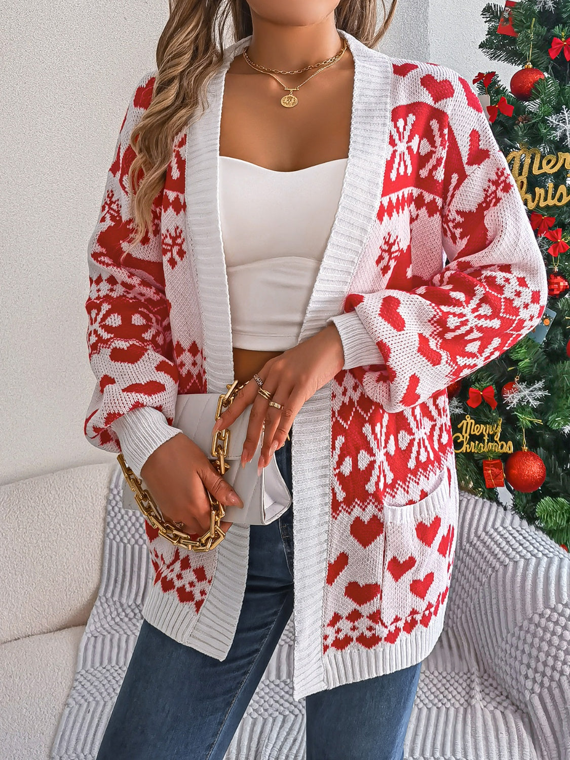 Women Pocketed Open Front Long Sleeve Cardigan