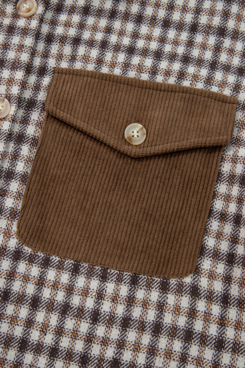 Plaid Corduroy Patchwork Pocketed Button-Up Shacket
