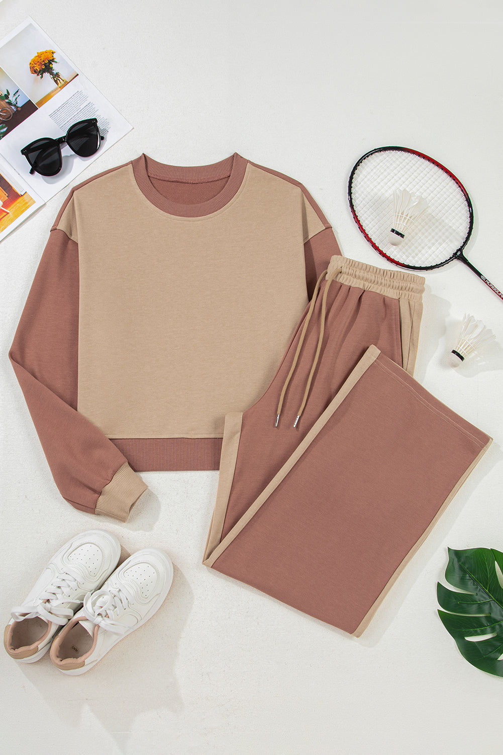Colorblock Long Sleeve Top and  Drawstring Pant Set