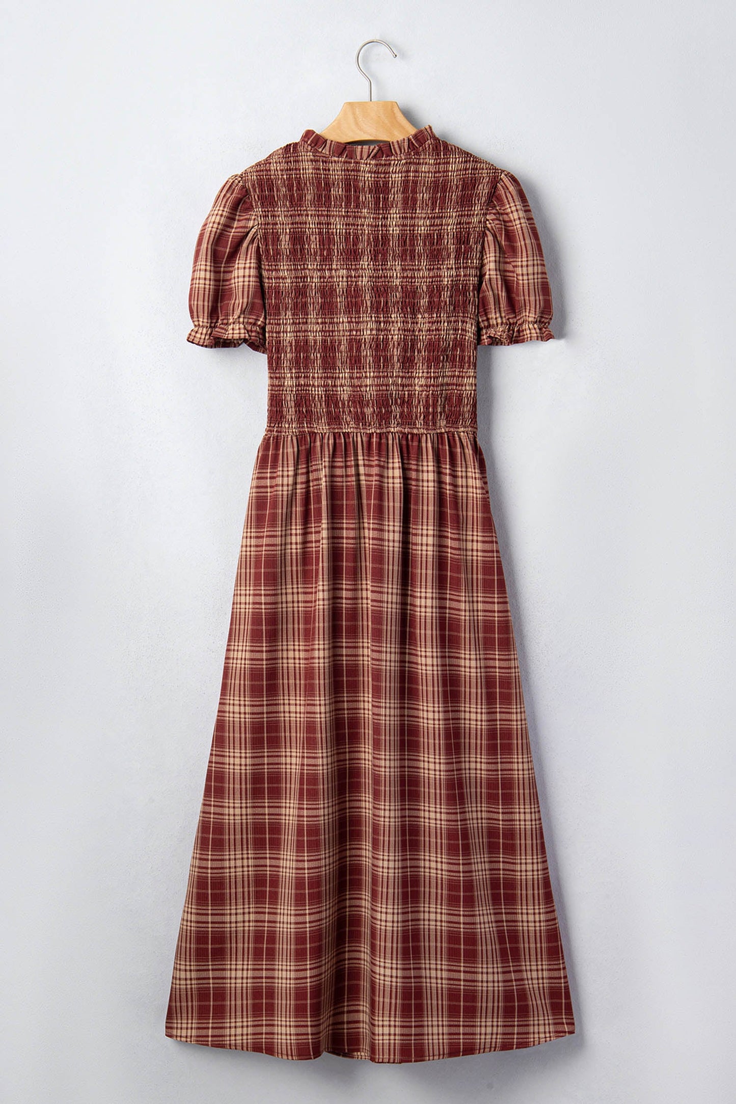 Plaid Vintage Knot Front Smocked High Waist Midi Dress