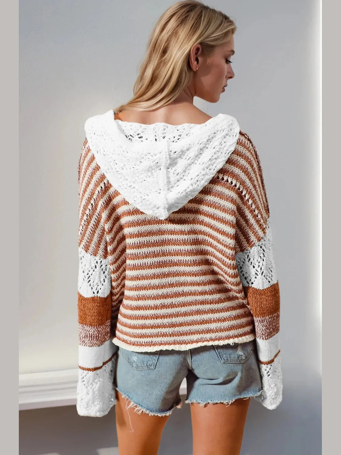 Women Double Take Full Size Openwork Contrast Long Sleeve Hooded Sweater