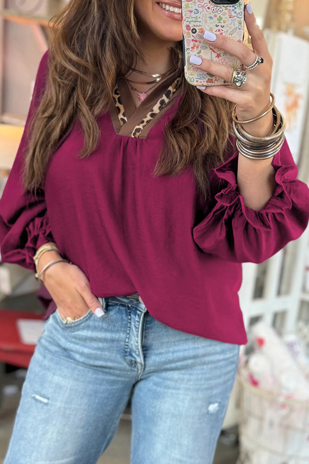 Leopard Trim Flounced  3/4 Sleeve V-Neck Blouse