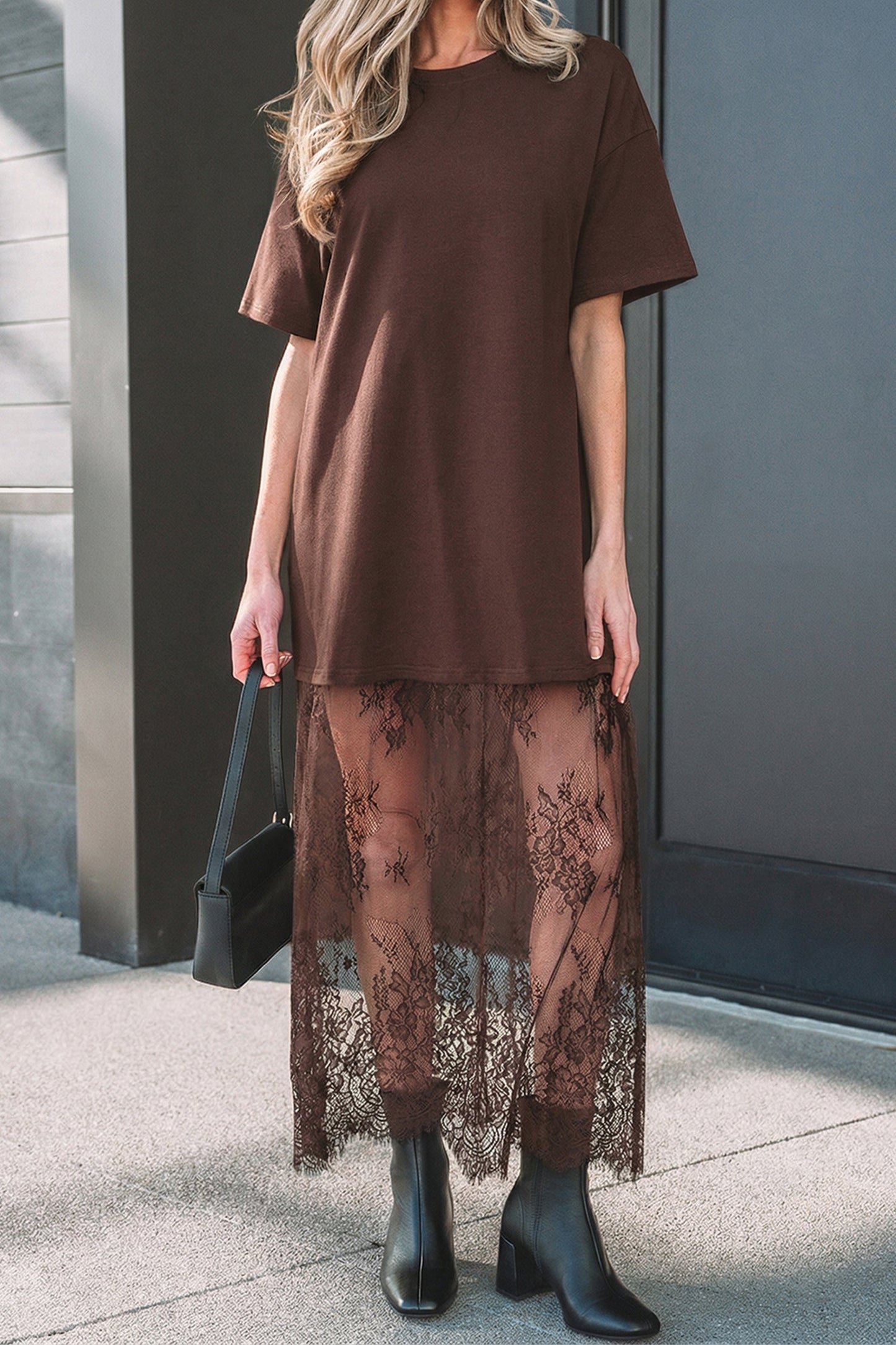 Solid Lace Patchwork Short Sleeve Maxi Dress