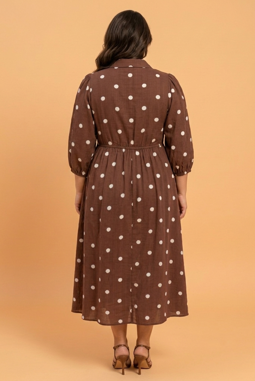 Plus Size Polka Dot Collared V-Neck Pocketed Midi Dress