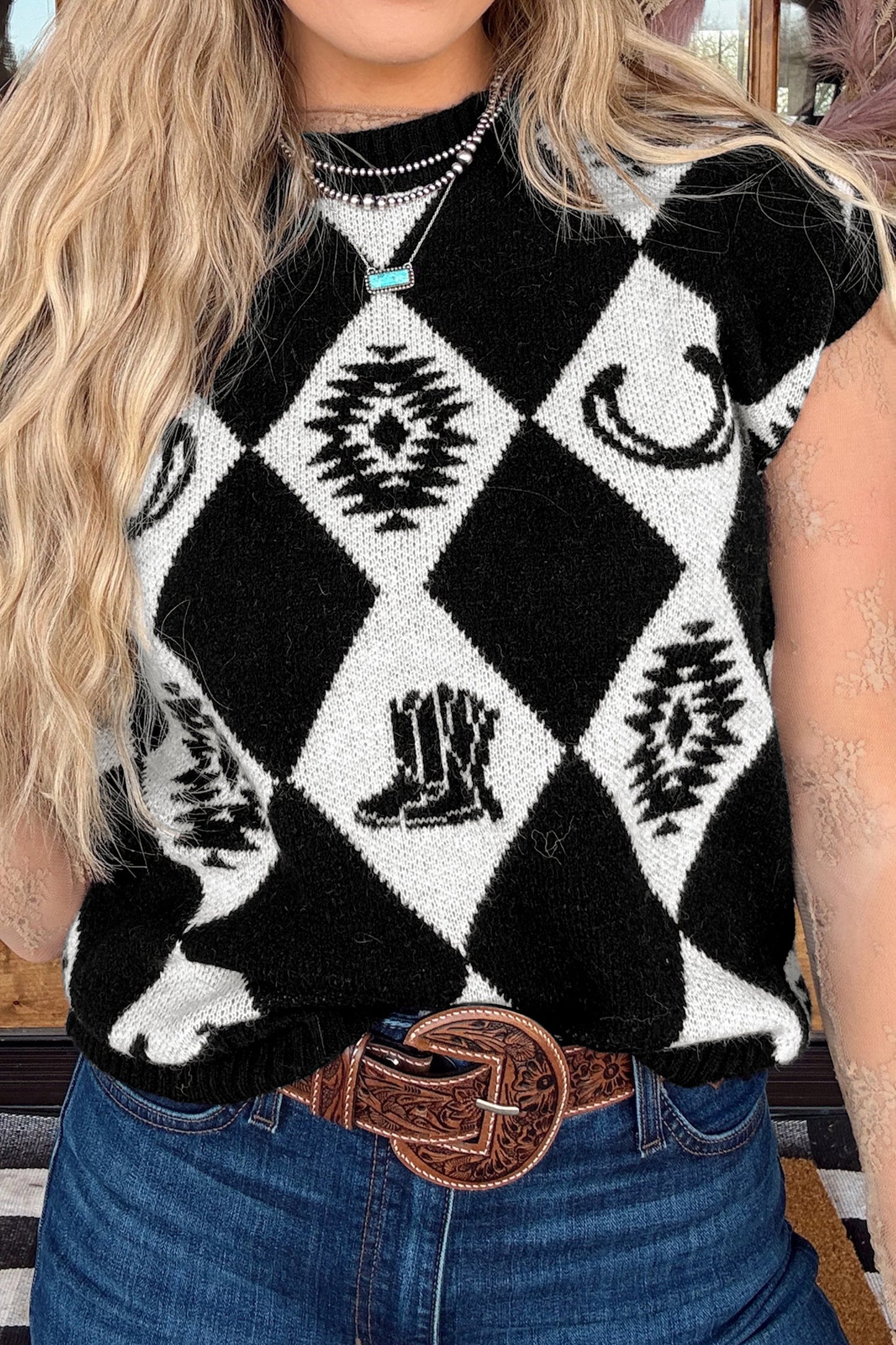 Western Retro Rhombus Short Sleeve Knit Top