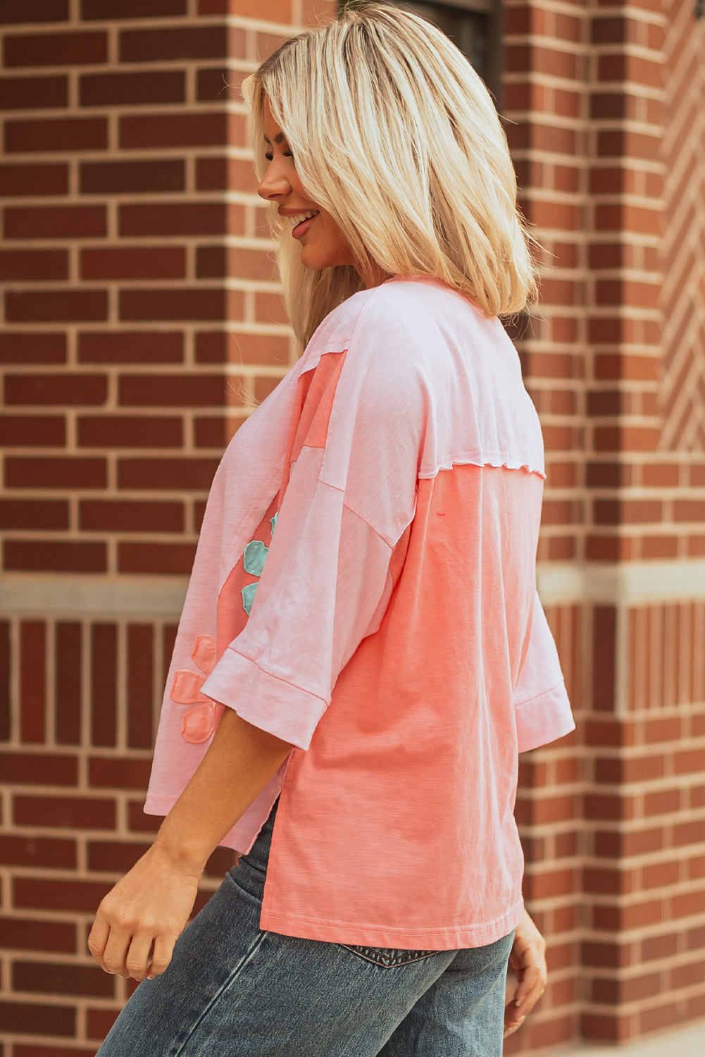 Flower Patch Exposed Seam 3/4 Sleeve T-Shirt