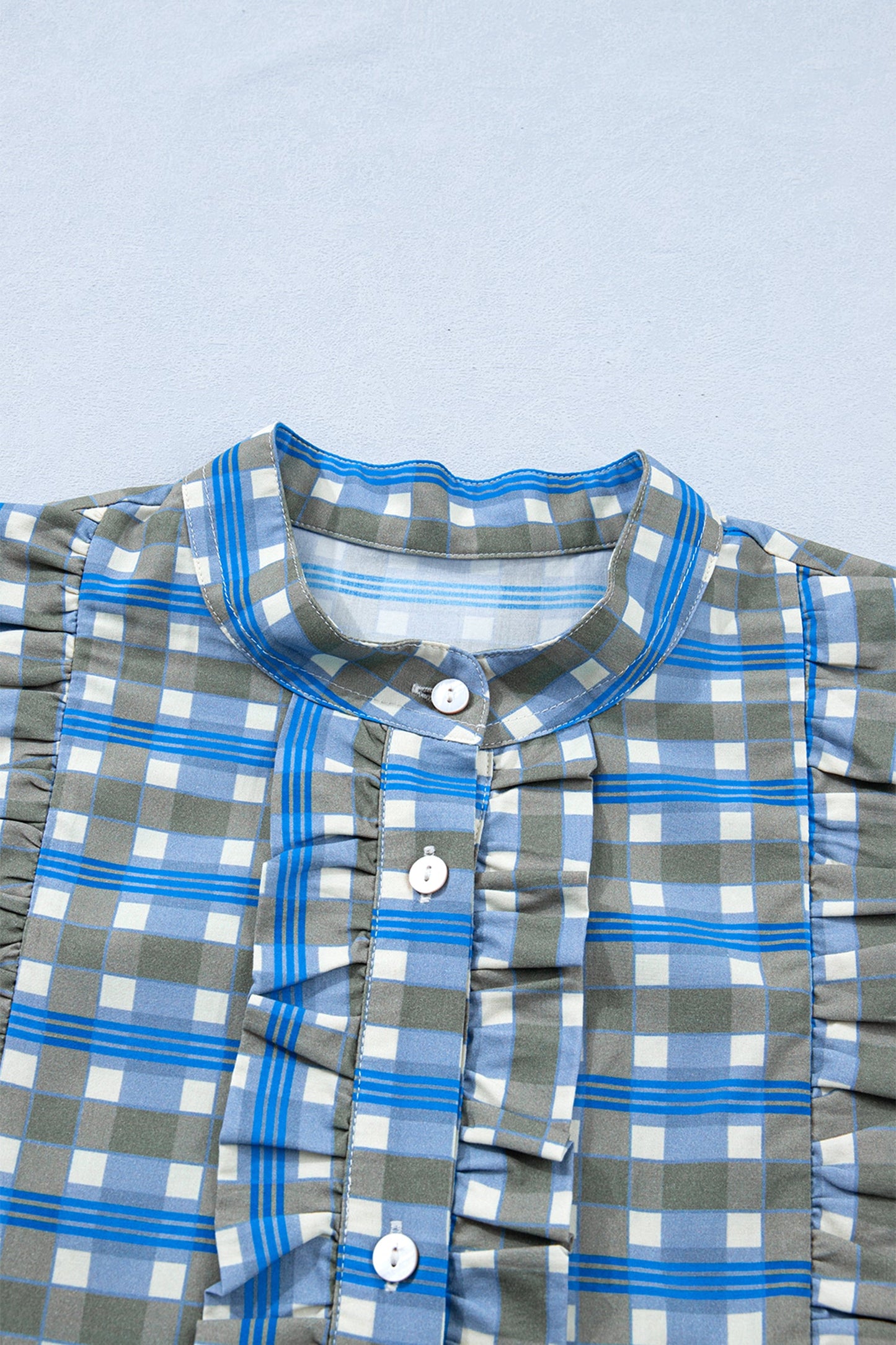 Gingham Plaid Long Sleeve Frilled Half Button Blouse
