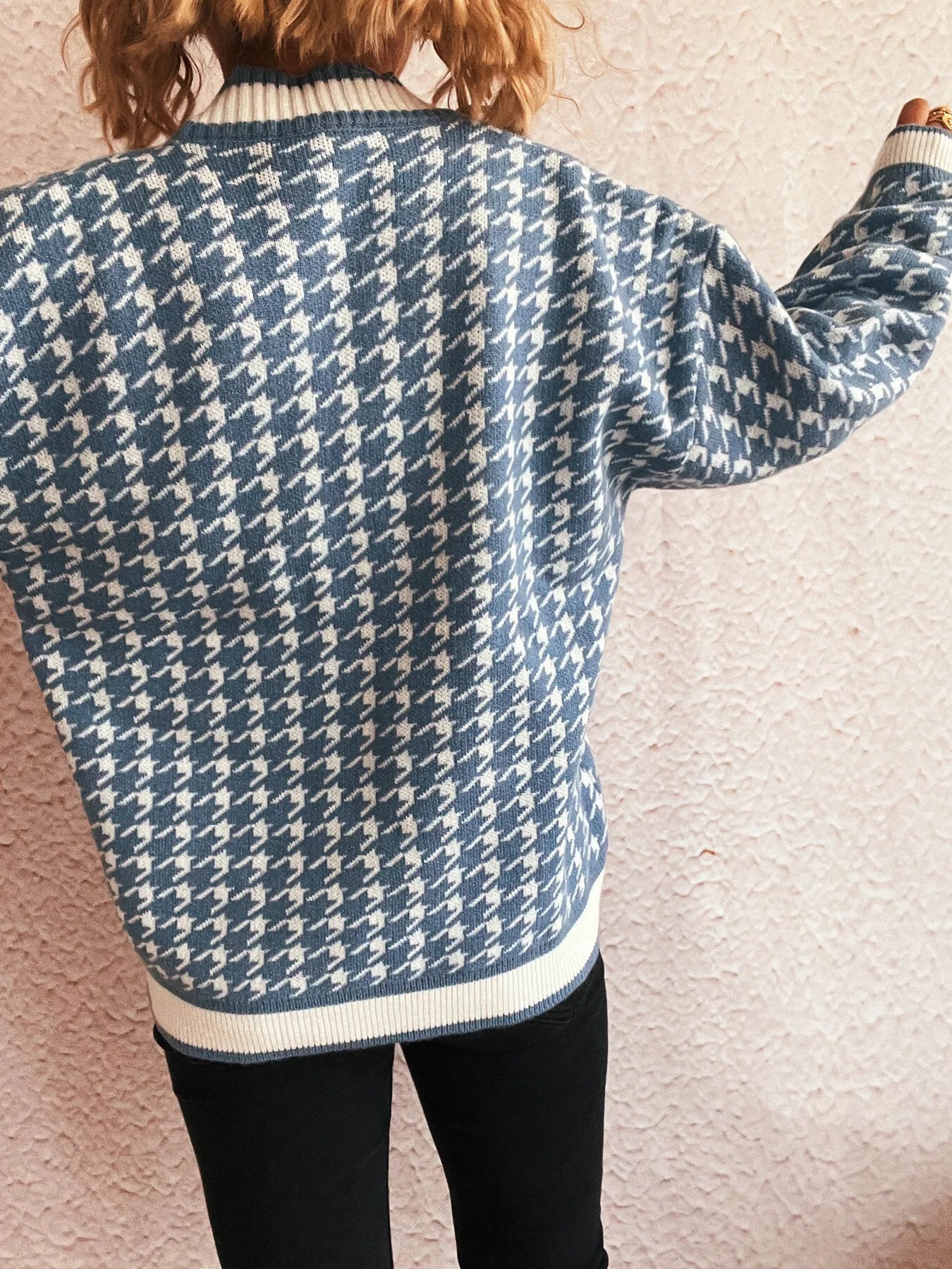 Women Houndstooth Pattern V-Neck Button-Up Cardigan Sweater