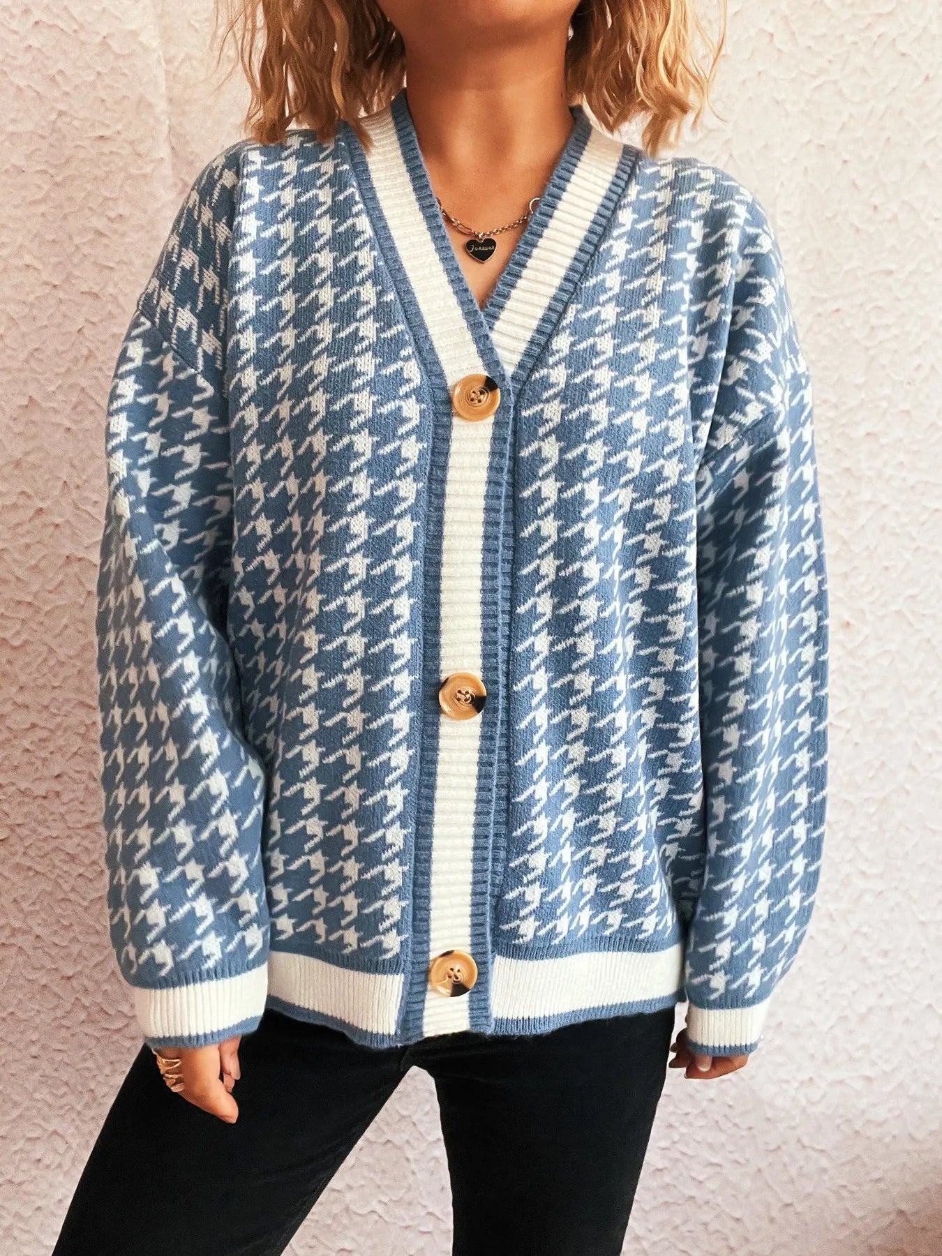 Women Houndstooth Pattern V-Neck Button-Up Cardigan Sweater