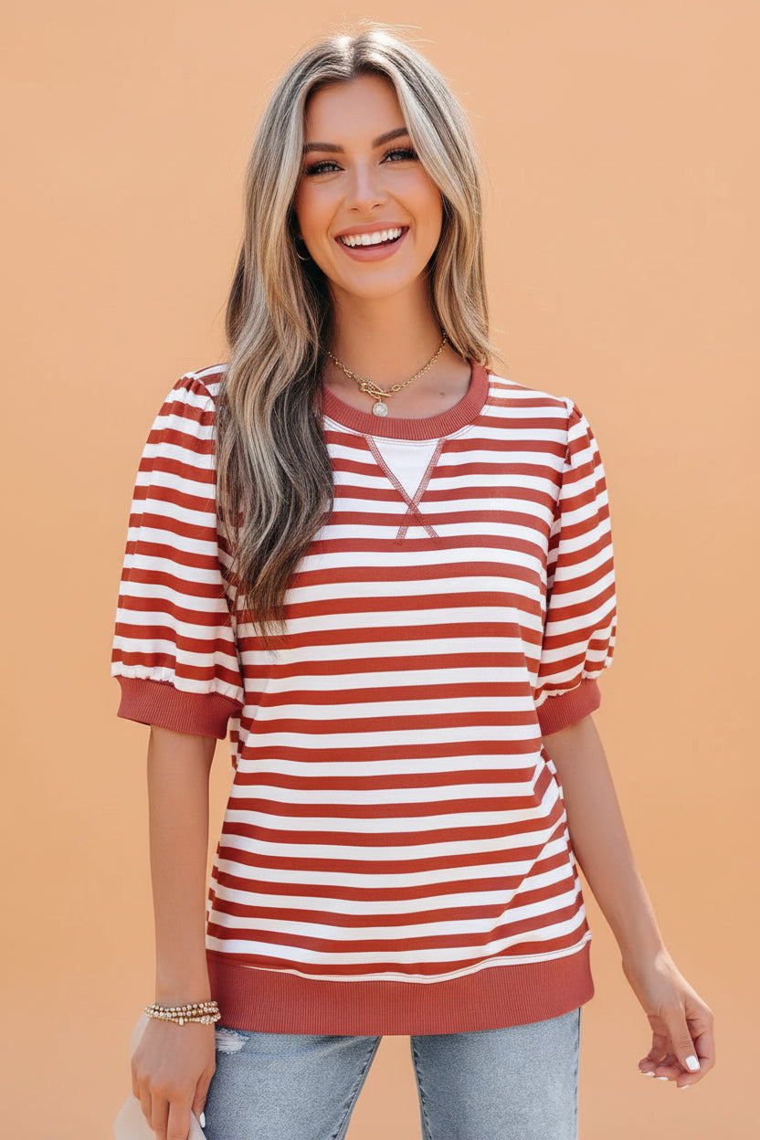 Stripe Short Bubble Sleeve T-Shirt