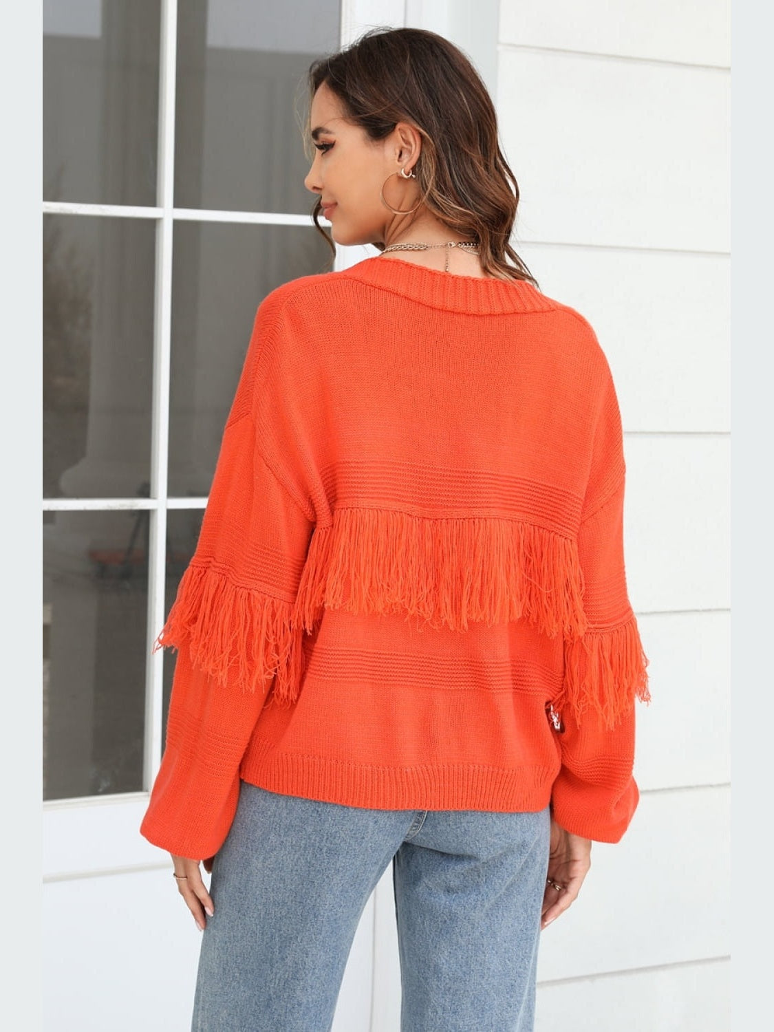 Women Double Take Fringe Trim Open Front Cardigan Sweater
