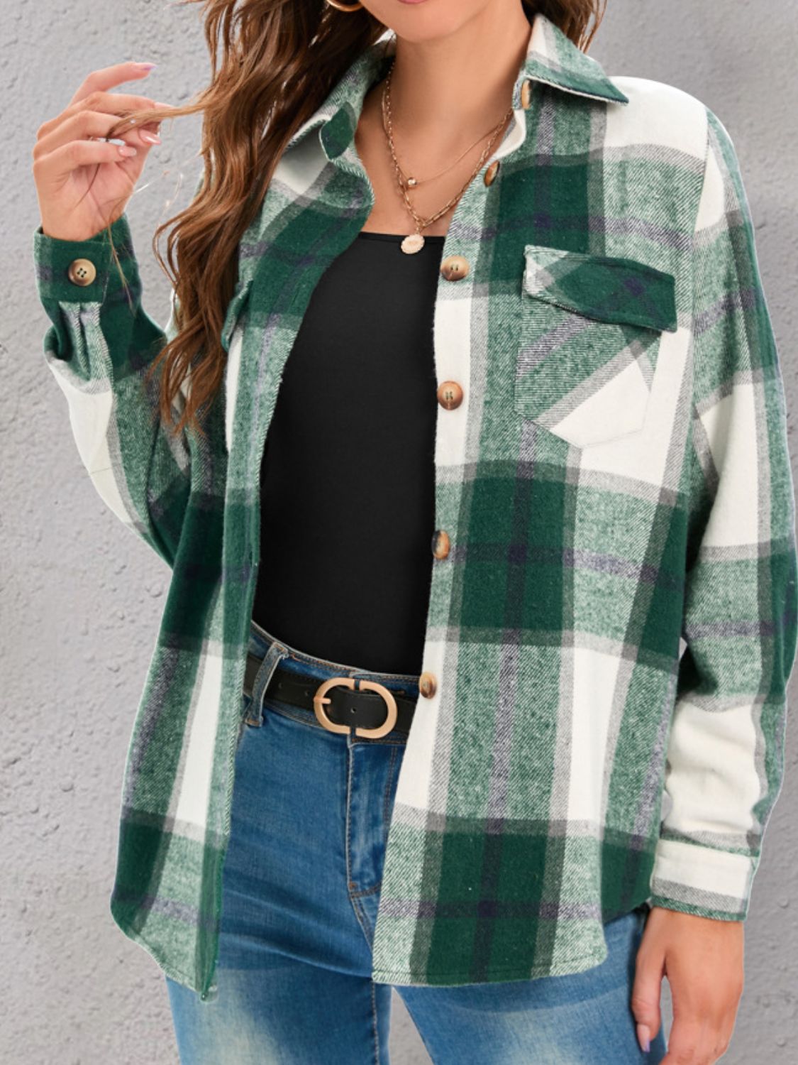 Women Full Size Pocketed Plaid Collared Neck Shacket