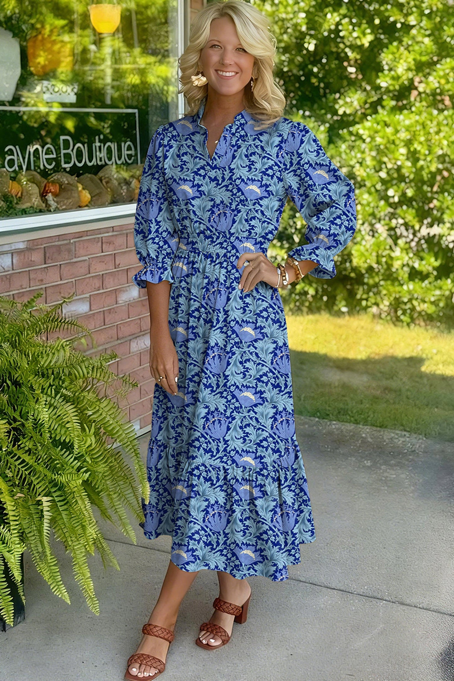 Floral Frilled V-Neck 3/4 Sleeve Midi Dress