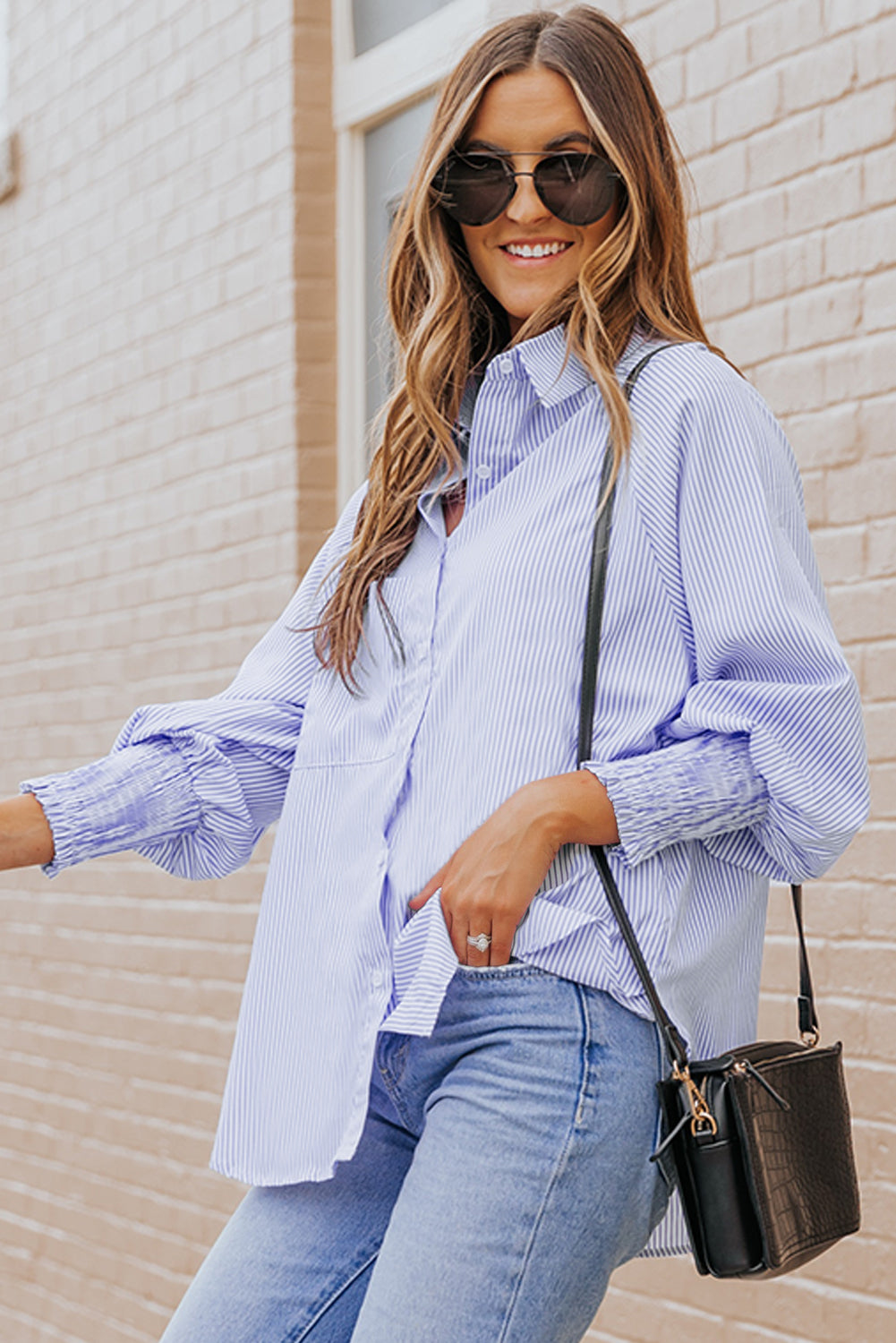 Stripe Smocked Long Sleeve Button-Up Shirt