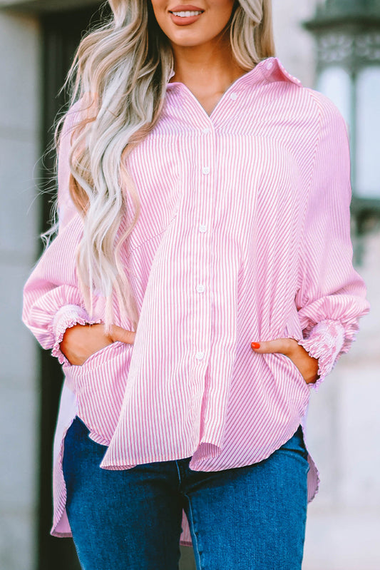 Stripe Smocked Cuff Buttoned Shirt
