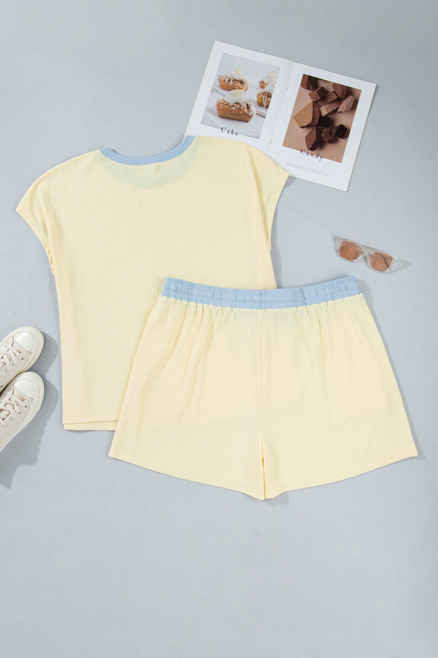 Plus Size Colorblock Ribbed Top & Drawstring Shorts Set