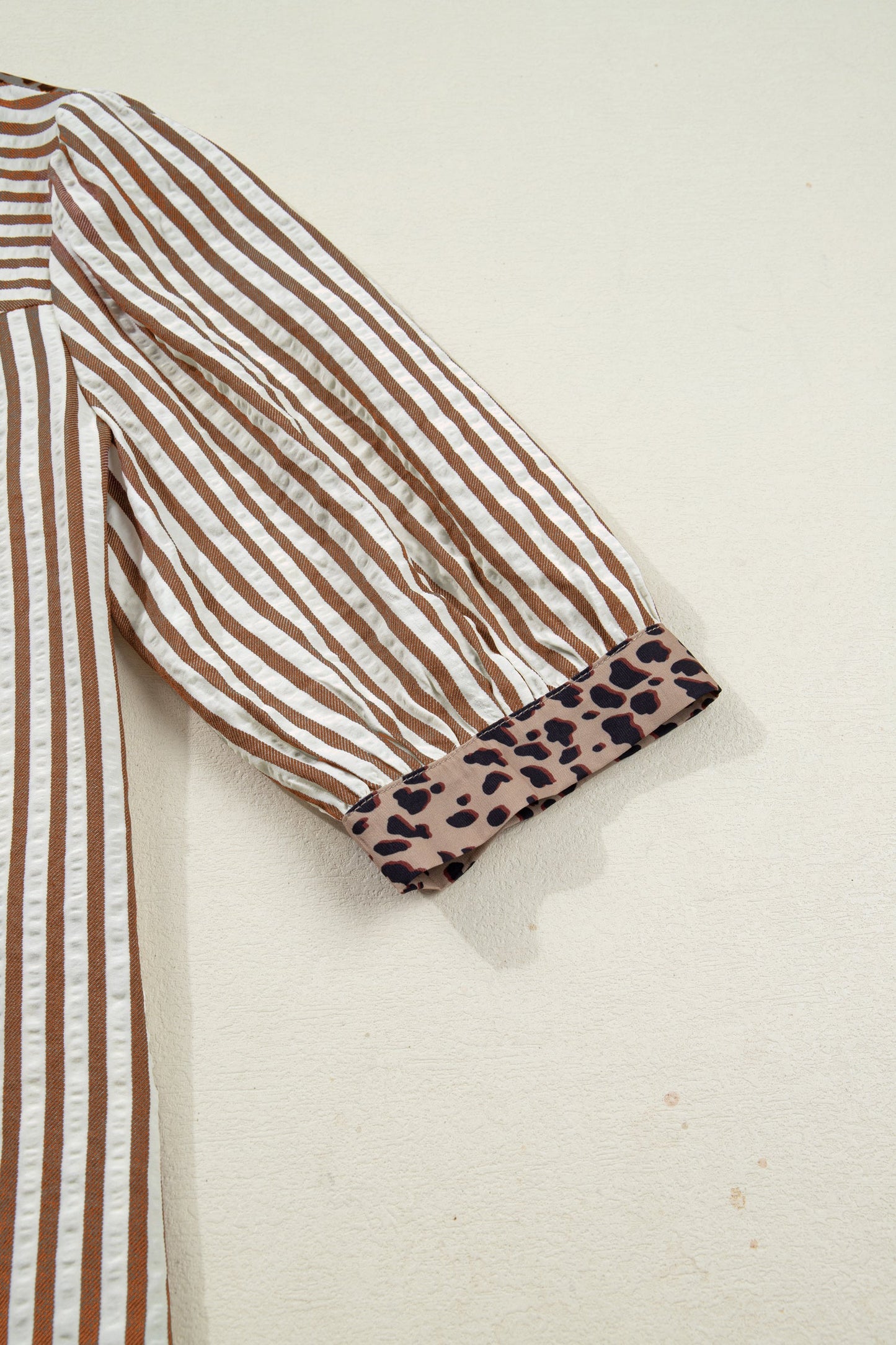 Stripe Leopard Trim V-Neck Buttoned Short Sleeve Shirt
