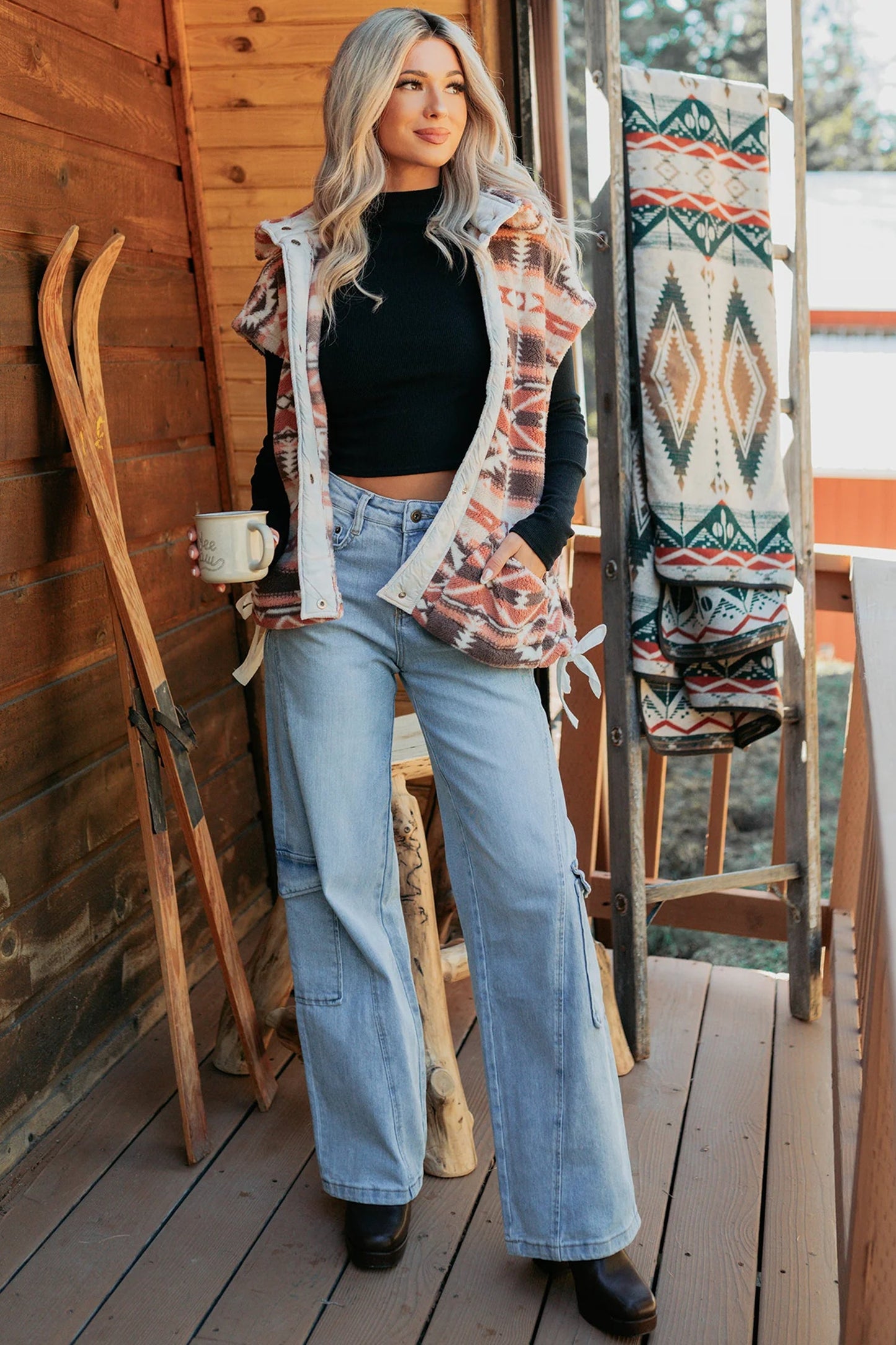 Aztec Fleece Buttoned Placket Side Tie Vest