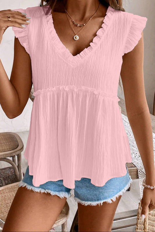 Textured Ruffle Trim V-Neck Top