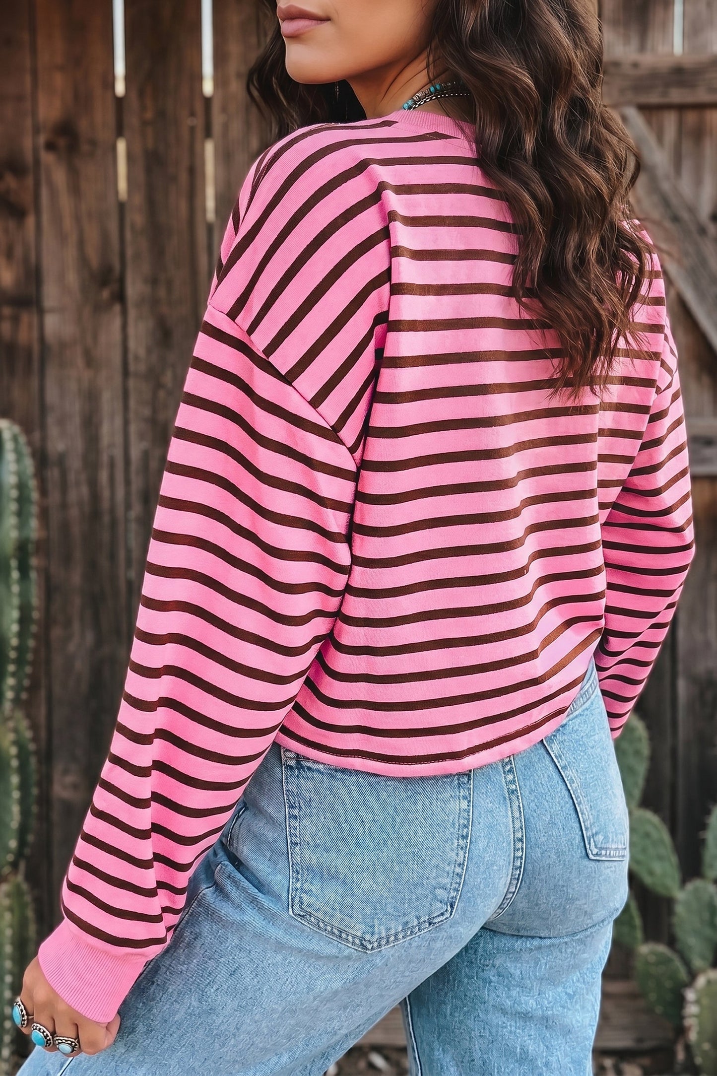 Stripe V-Neck Drop Shoulder Long Sleeve Top