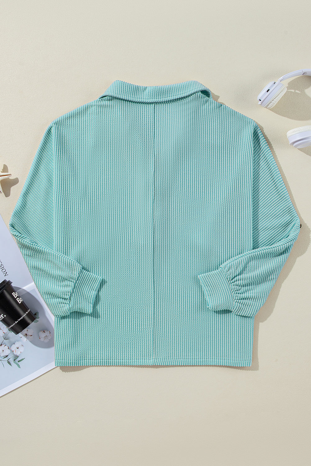 Corded Knit Roll-Up Sleeve Collared Henley Top
