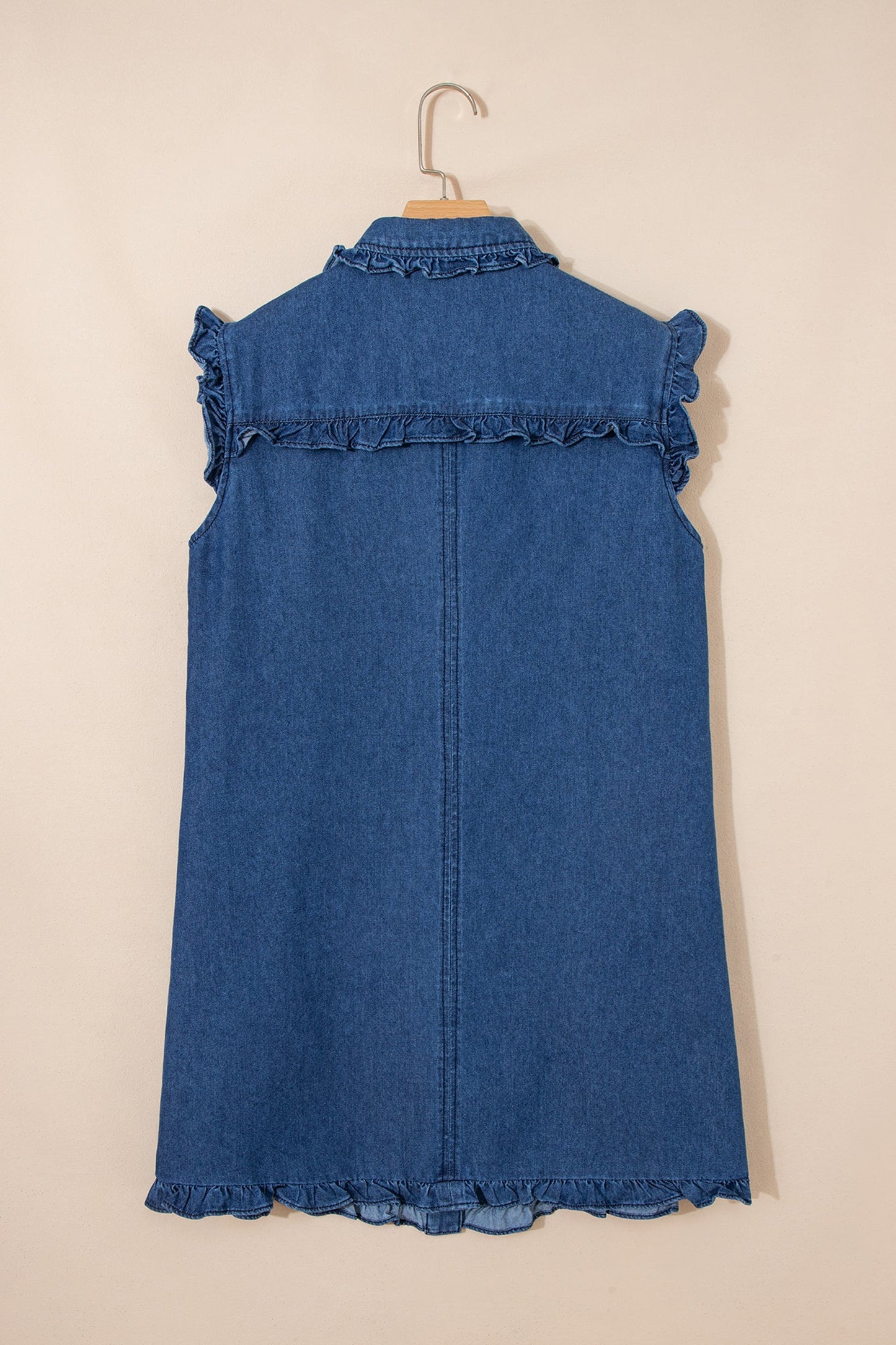 Denim Ruffle Edge Collared Button Up Dress
