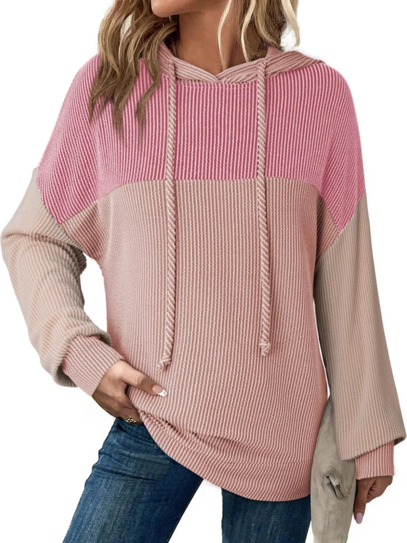 Women Drawstring Color Block Long Sleeve Hoodie