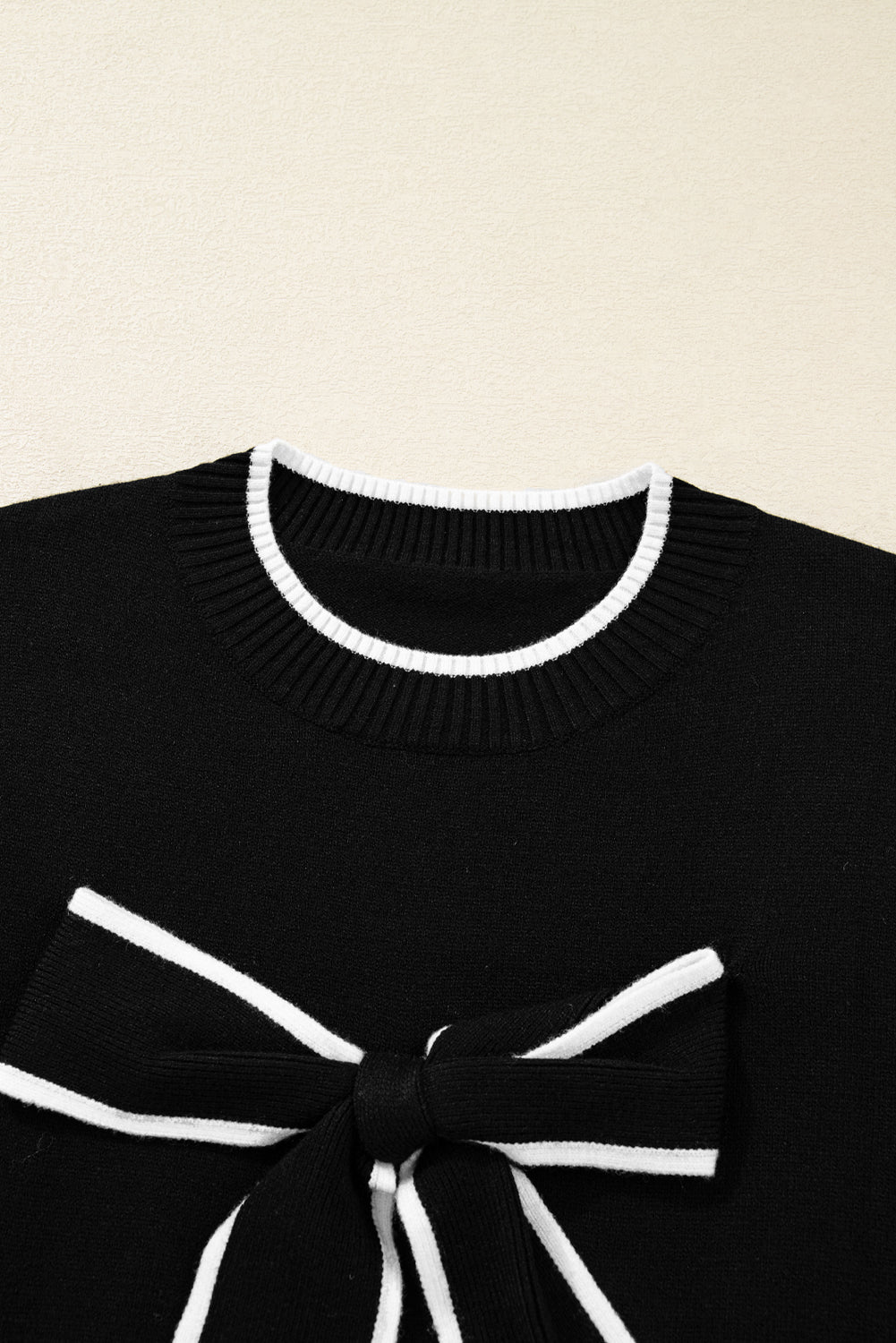 Bow Contrast Trim Long Sleeve Cropped Christmas Sweater