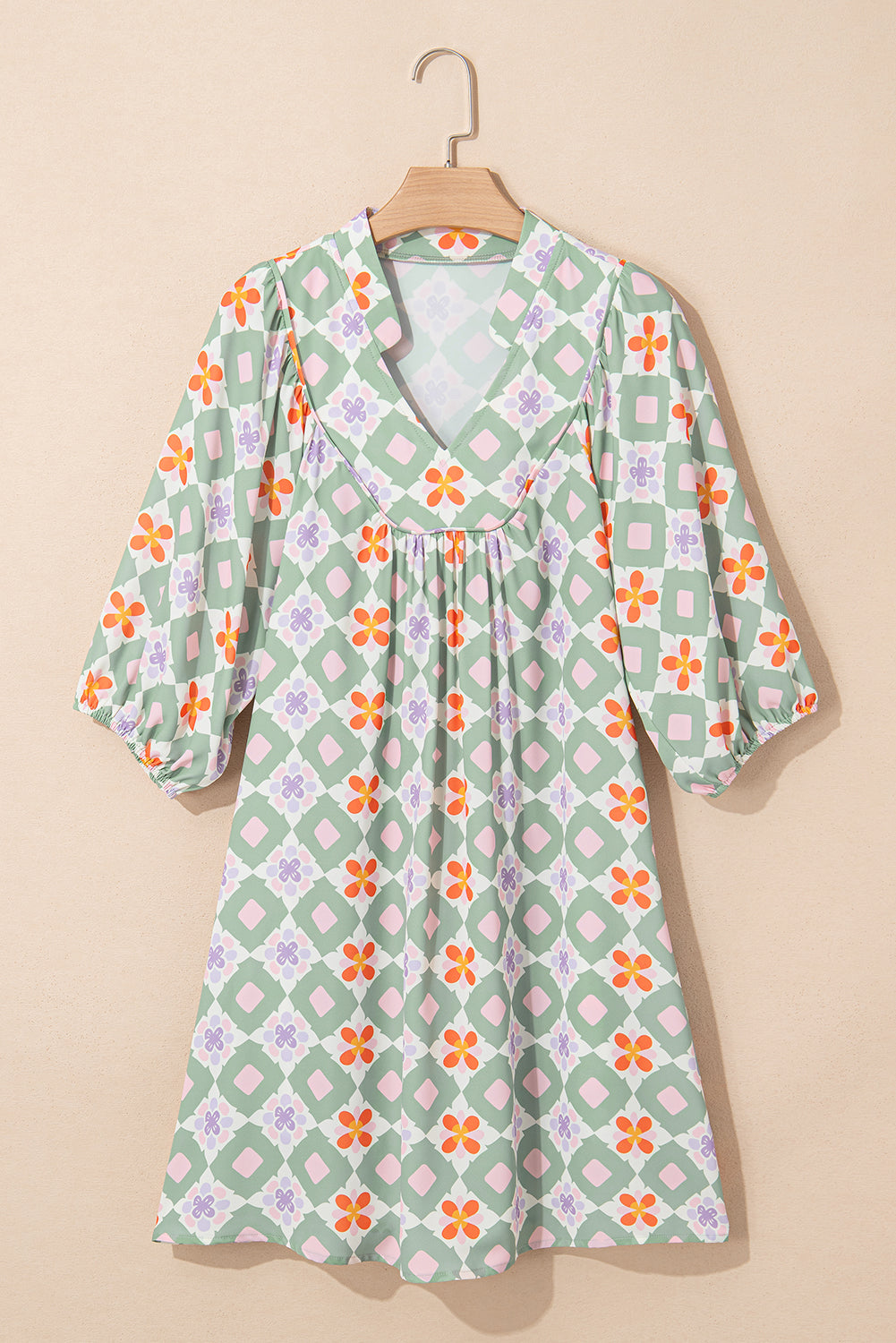 Geometric Floral 3/4 Sleeve Mini Dress