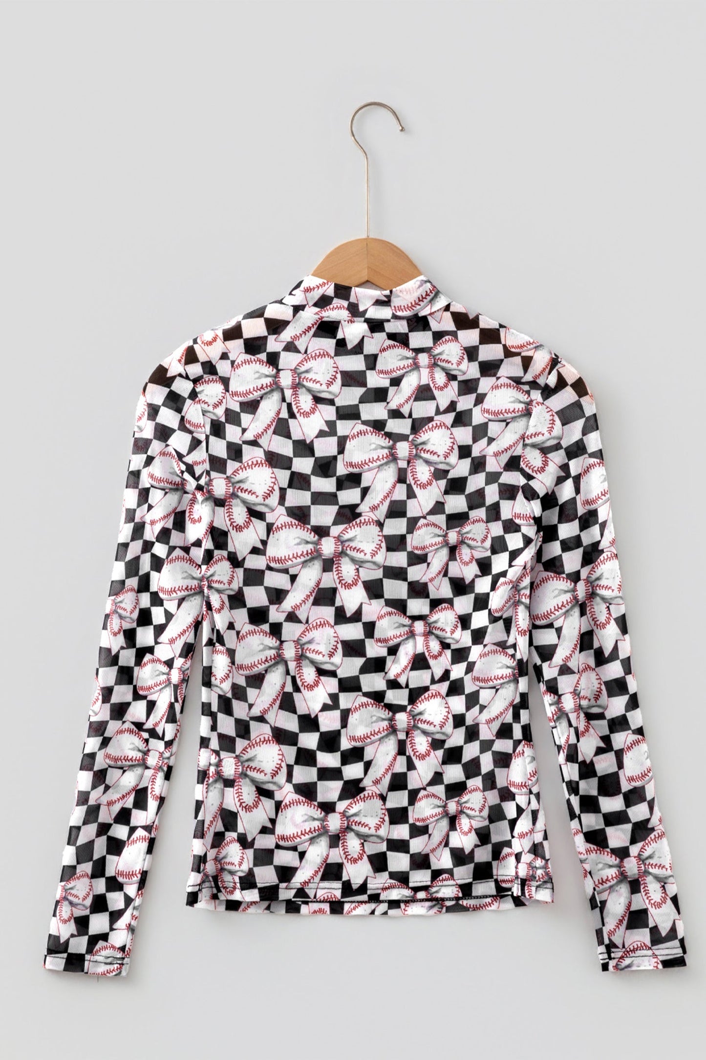 Checker Baseball Bow High Neck Long Sleeve Mesh Top