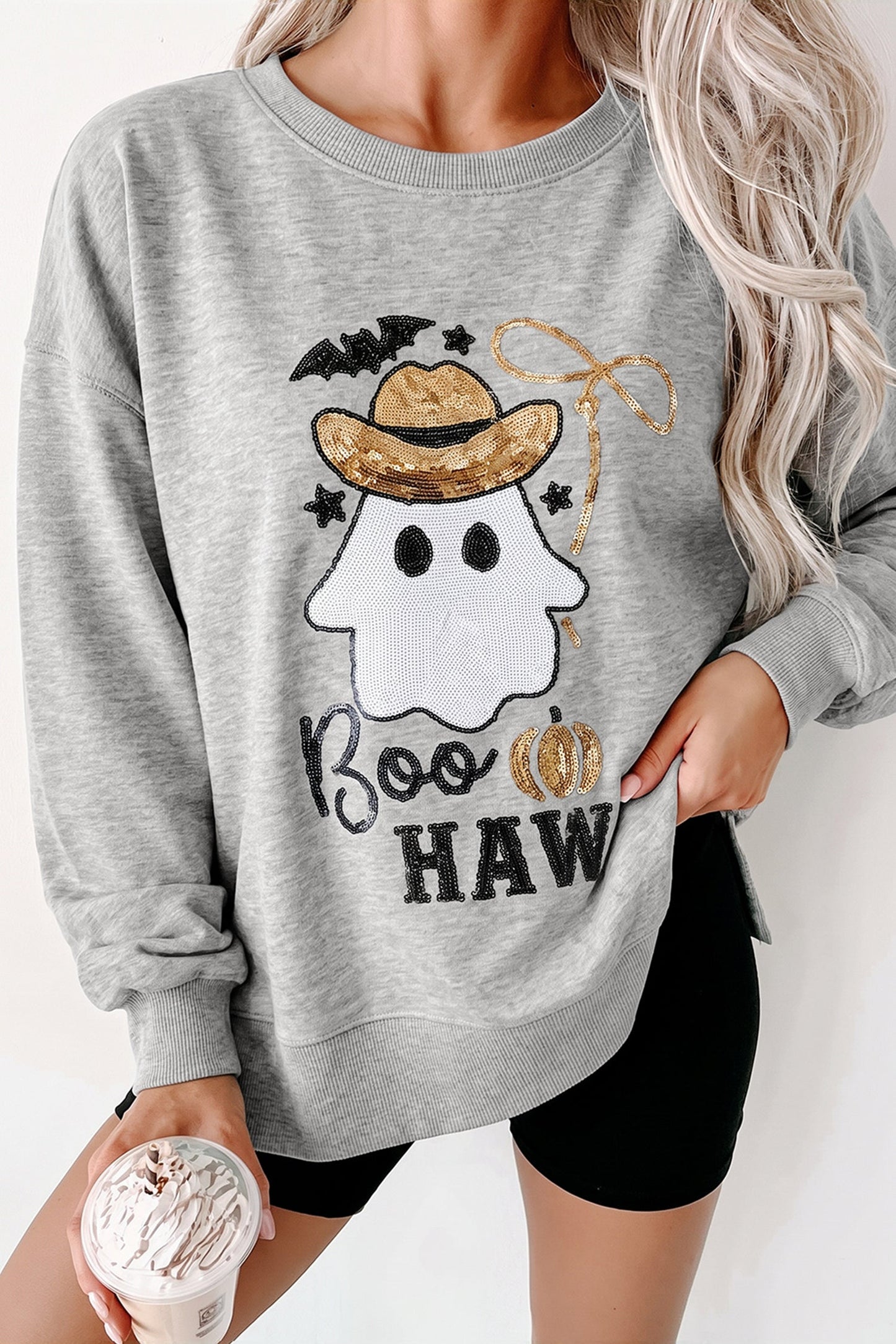 Halloween Western Ghost Sequin Graphic Long Sleeve Sweatshirt