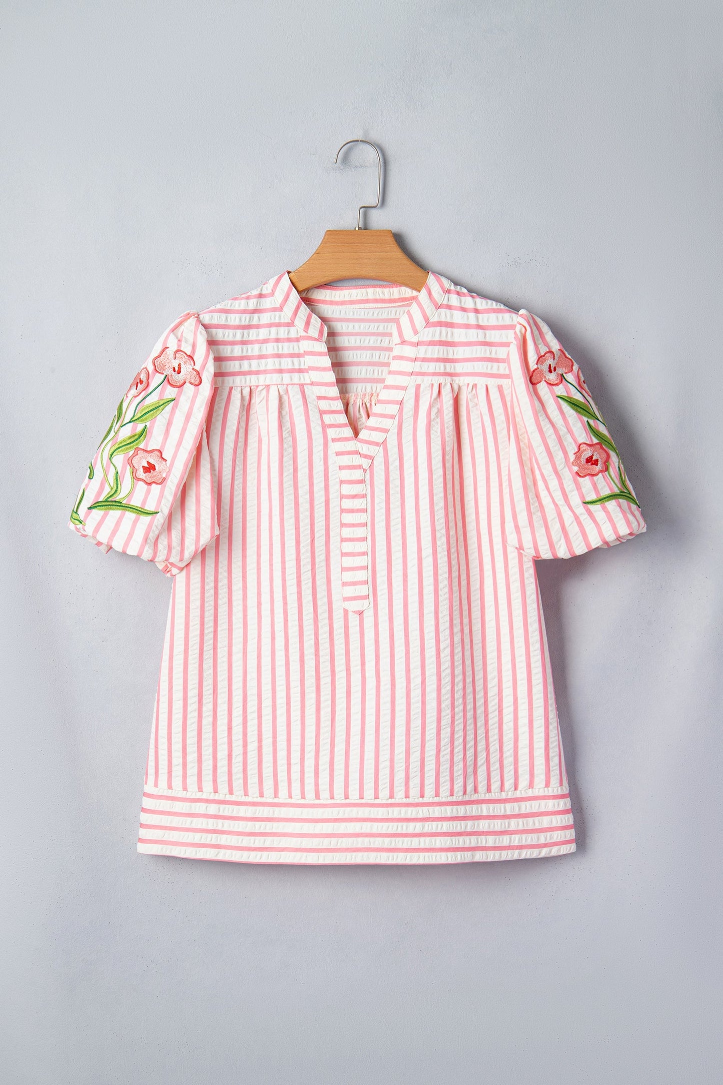 Floral Stripe Embroidered Puff Sleeve V-Neck Blouse